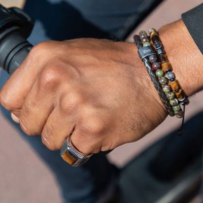 Bracelet Karma Jaspe Verte & Cuir Tressé Marron, Longueur 22 cm - HB562208 - Rochet