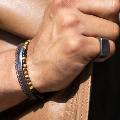 Yale Smooth & Braided Brown Leather Tiger's Eye Bracelet - HB6603 - Rochet