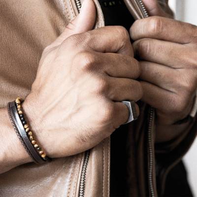 Bracelet Yale Cuir Marron Lisse et Tressé & Perles - HB6693 - Rochet