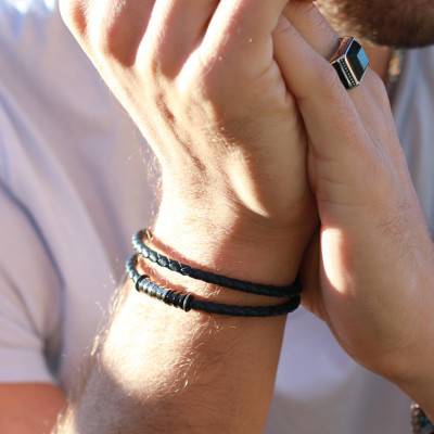 Black Braided Leather & Steel Double Gentleman Bracelet, 21 cm - HB8001 - Rochet