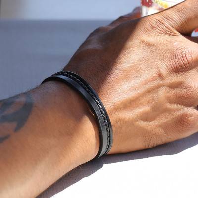Bracelet Standford Acier & Triple Cuir Noir, Longueur 21 cm - HB7601 - Rochet
