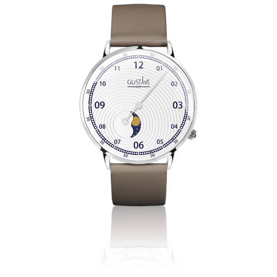 Montre 36 mm Mono Aiguille Phase de Lune Blanc Silver Cuir