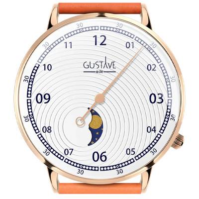 Montre 36 mm Mono Aiguille Phase de Lune Blanc / PVD Rose / Cuir Orange - Gustave & Cie
