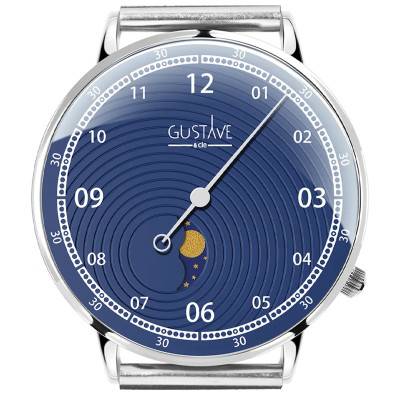 Montre 40 mm Mono Aiguille Phase de Lune Bleu / Silver / Milanaise Silver - Gustave & Cie