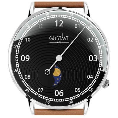 Montre 12H Georges Argent & Noir - Bracelet Cuir Marron Surpiqures - Gustave & Cie