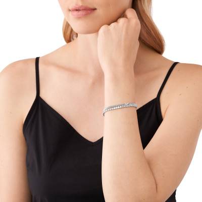 Metallic Muse Platinum-Plated Brass & Zirconium Oxide Double Curb Chain Bracelet, 15 cm to 19 cm - Michael Kors