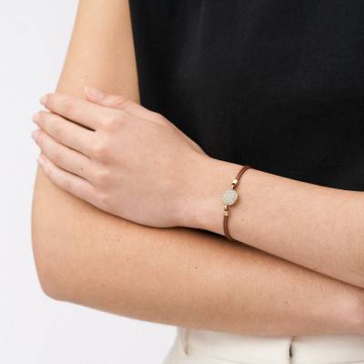 Bracelet Sadie en Acier Doré, Cuir & Cristaux Blancs, Longueur 21 cm - Fossil