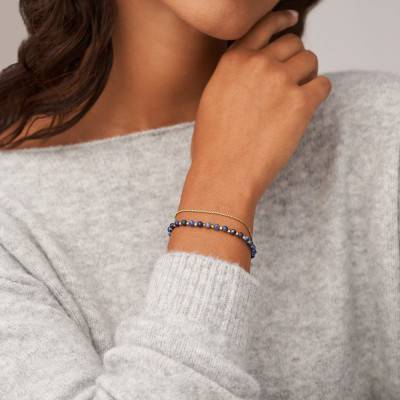 Bracelet Chaîne en Acier Doré & Lapis Lazuli, Longueur 16,50 cm à 20 cm, Largeur 4,00 mm - Fossil