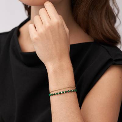 Bracelet Chaîne en Acier Doré & Malachite, Longueur 16,50 cm à 20 cm - Fossil