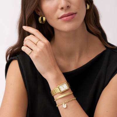 Bracelet Jonc Ouvert Rainuré Harlow en Acier Doré, Longueur 17,50 cm, Largeur 5,20 mm - Fossil