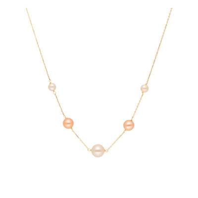 Collier Or Jaune 750, Perles De Culture Roses Et Blanches, Longueur 42 cm - Emanessence