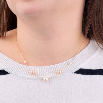Collier Or Jaune 750, Perles De Culture Roses Et Blanches, Longueur 42 cm - Emanessence