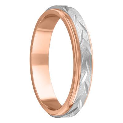 Two-Tone 750 Rose & White Gold Standard Layered Ribbon Wedding Ring with Cut Leaf Motifs, Width 4 mm - Amore
