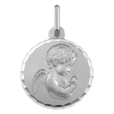 375 White Gold Faceted Praying Angel Medal, 14 mm Diameter - Argyor