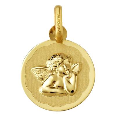 Round Floral Angel Raphael Medal 375 Yellow Gold, Diameter 13 mm - Argyor