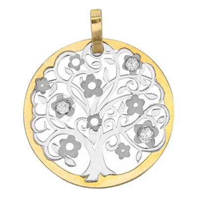 Médaille Arbre de Vie bicolore, 2 Ors 375 et zyrcons, Diamètre 18 mm - Rosatella