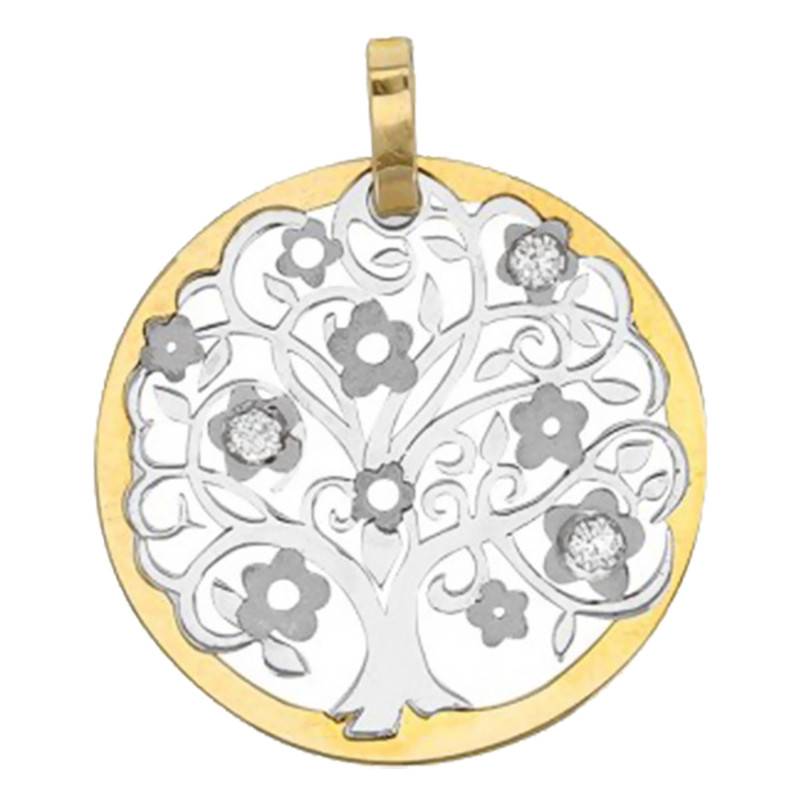 Two-Tone 375/1000 Gold & Zirconium Oxide Tree of Life Pendant, 18 mm Diameter - Rosatella