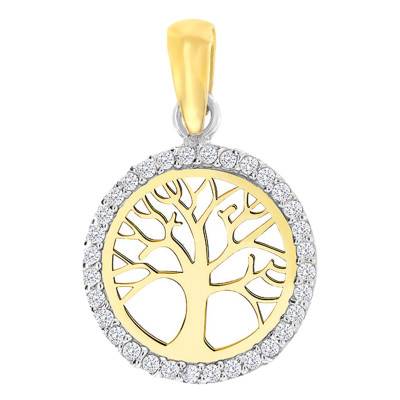 Yellow Gold 375 or 750 & Cubic Zirconia Halo Tree of Life Pendant - Vandona
