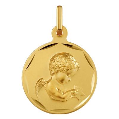 Médaille Ronde Ange en Prière Bords Guillochés, Diamètre 15 mm ou 17 mm, Or Jaune 750 - Argyor