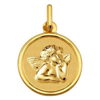 Raphael Angel Bordered Round Medal in 750 Yellow Gold, 15 mm Diameter - Argyor