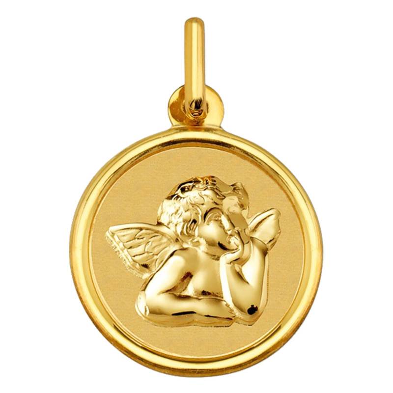 Raphael Angel Bordered Round Medal in 750 Yellow Gold, 15 mm Diameter - Argyor