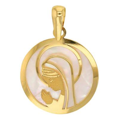 750 Yellow Gold & Mother-of-Pearl Open-Work Virgin in Prayer Medal, 17.50 mm Diameter - Rosatella
