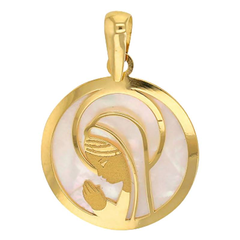 750 Yellow Gold & Mother-of-Pearl Open-Work Virgin in Prayer Medal, 17.50 mm Diameter - Rosatella