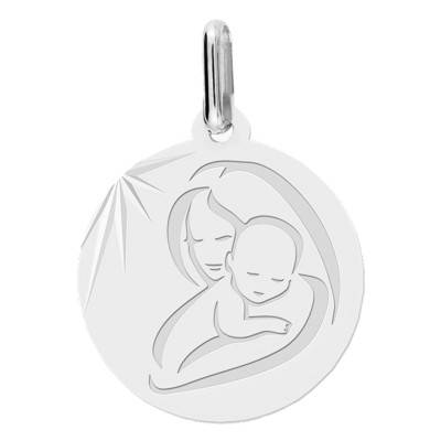 Médaille Vierge à l'Enfant Moderne Or Blanc, Diamètre 15 mm - Lucas Lucor