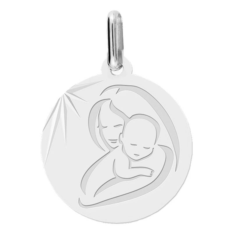 White Gold Modern Virgin and Child Medal, 15 mm Diameter - Lucas Lucor