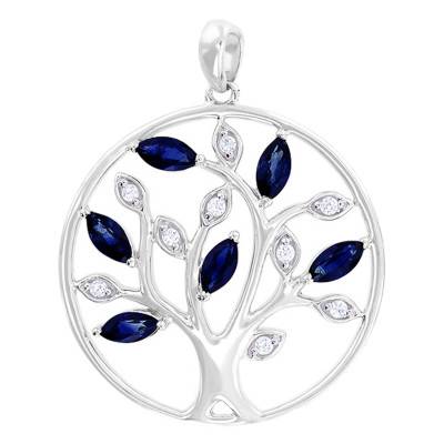 White 375/1000 or 750/1000 Gold Tree Pendant with Diamonds & Sapphires, 20 mm Diameter - Aurora