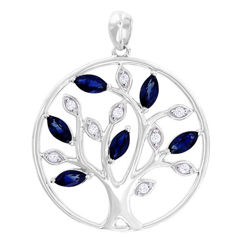 White 375/1000 or 750/1000 Gold Tree Pendant with Diamonds & Sapphires, 20 mm Diameter - Aurora