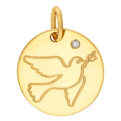 Yellow Gold 375/1000 or 750/1000 Dove Medal & 0.011 ct Diamond, 16 mm Diameter - Rosatella