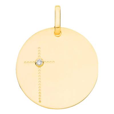 750/1000 Yellow Gold & Diamond Cross Medal, 16 mm - Emanessence