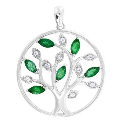 White Gold 375/1000 or 750/1000 Tree Pendant & Diamonds and Emeralds, 20 mm Diameter - Aurora