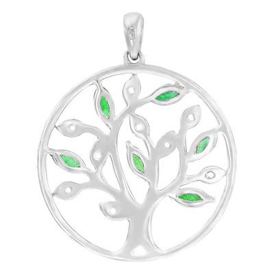 White Gold 375/1000 or 750/1000 Tree Pendant & Diamonds and Emeralds, 20 mm Diameter - Aurora