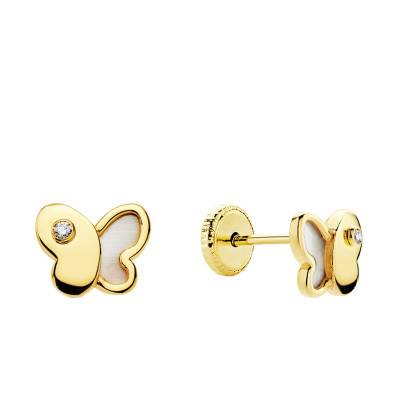 750 Yellow Gold & Mother of Pearl Butterfly Stud Earrings - Bambins