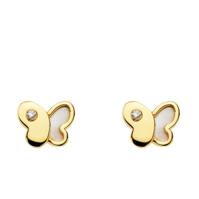 750 Yellow Gold & Mother of Pearl Butterfly Stud Earrings - Bambins
