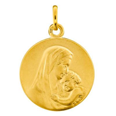 750/1000 Yellow Gold Round Virgin and Child Medal, 15 mm or 17 mm Diameter - Emanessence