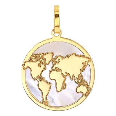 Pendentif carte du monde nacre et Or Jaune 750, Diamètre 18 mm - Rosatella