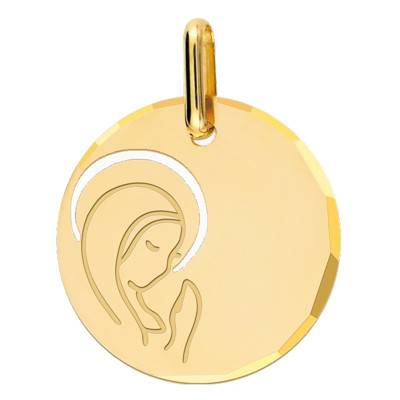 Yellow Gold Round Haloed Virgin Medal, 16 mm Diameter - Lucas Lucor