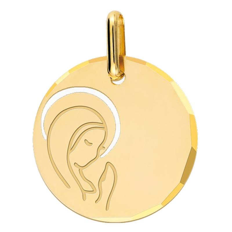 Yellow Gold Round Haloed Virgin Medal, 16 mm Diameter - Lucas Lucor