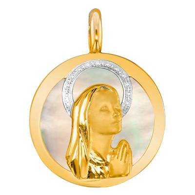 Praying Virgin Mary Mother-of-Pearl Dual 18K Gold Medal, Diameter 18 mm - Vandona