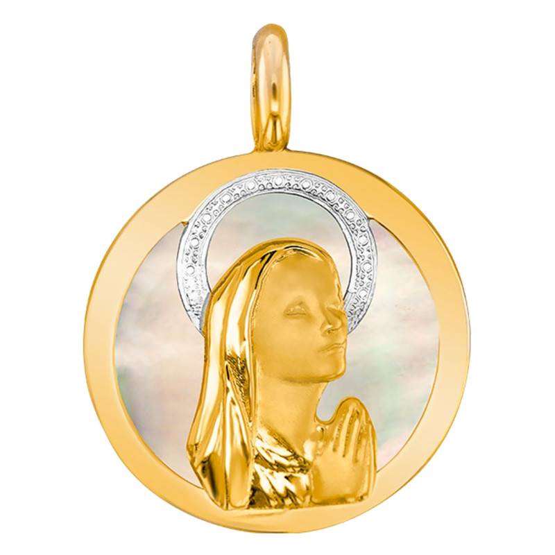 Praying Virgin Mary Mother-of-Pearl Dual 18K Gold Medal, Diameter 18 mm - Vandona
