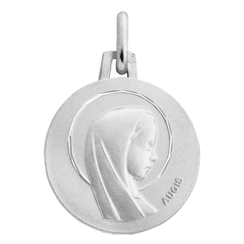 750/1000 White Gold Haloed Virgin Mary Medal, 16 mm Diameter - Augis