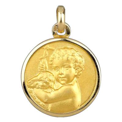 750 Yellow Gold Angel and Lamb Medal, Diameter 17 mm - Emanessence