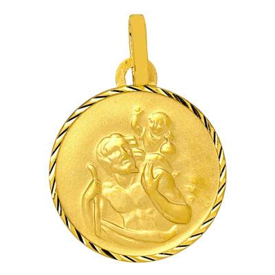 Diamond-Cut Round Saint Christopher 750/1000 Yellow Gold Medal, 15 mm Diameter - Vandona
