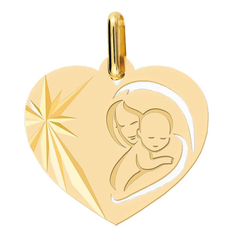 Yellow Gold Heart Virgin and Child Medal - Lucas Lucor
