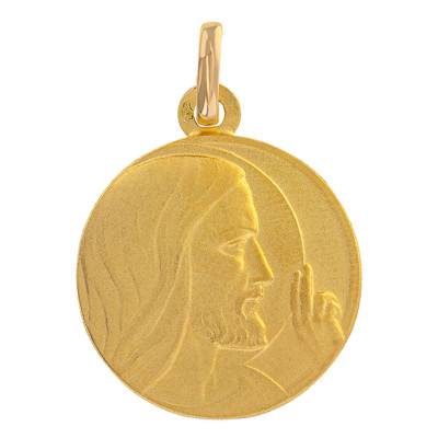 750/1000 Yellow Gold Blessing Christ Medal, 18mm Diameter - Emanessence