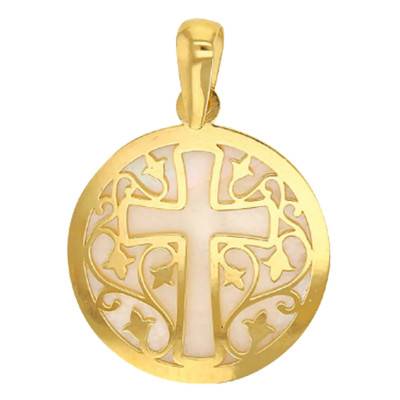 750 Yellow Gold & Mother-of-Pearl Foliage Cross Medal, 17 mm Diameter - Rosatella