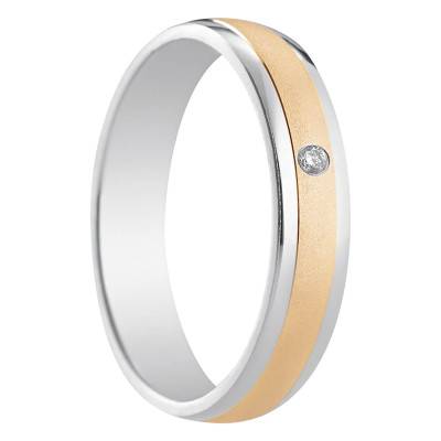 Alliance Demi-Bombée Standard Bilbao en Or Blanc et Rose 750 & Diamant 0,02 ct, Largeur 4 mm - Amore
